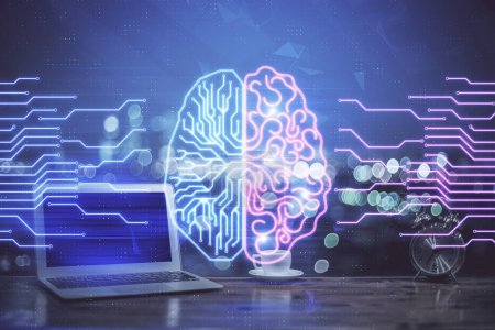 Photo for Double exposure of work table with computer and brain sketch hologram. Brainstorming concept. - Royalty Free Image