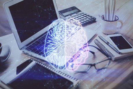 Foto de Doble exposición de escritorio con holograma de dibujo de computadora y cerebro. Concepto de inteligencia artificial. - Imagen libre de derechos