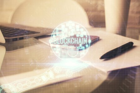 Photo for Double exposure of blockchain theme drawing and cell phone background. Concept of cryptomarket - Royalty Free Image