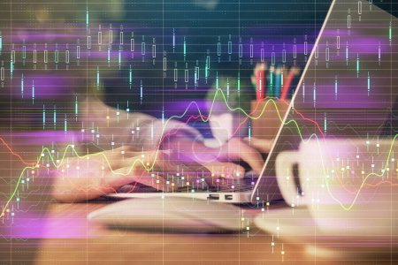 Photo for Double exposure of woman hands typing on computer and forex chart hologram drawing. Stock market invest concept. - Royalty Free Image