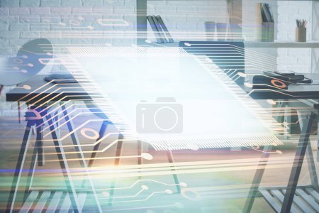 Photo for Multi exposure of data theme drawing and office interior background. Concept of technology. - Royalty Free Image