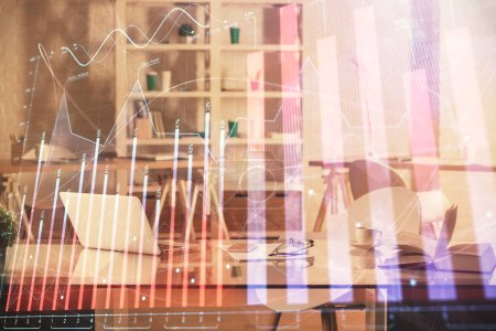 Photo for Multi exposure of stock market chart drawing and office interior background. Concept of financial analysis. - Royalty Free Image