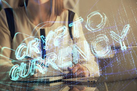 Photo for Double exposure of woman hands typing on computer and crypto market theme hologram drawing. Blockchain concept. - Royalty Free Image