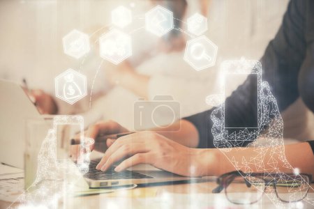 Photo for Double exposure of woman hands typing on computer and technology theme drawing. High Tech concept. - Royalty Free Image