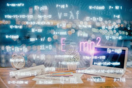 Photo for Desktop computer background and formula hologram writing. Double exposure. Education concept. - Royalty Free Image