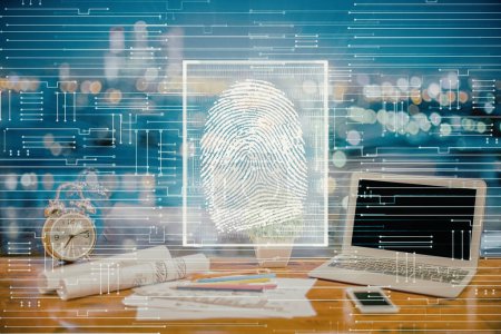 Photo for Computer on desktop in office with finger print drawing. Double exposure. Concept of business data security. - Royalty Free Image