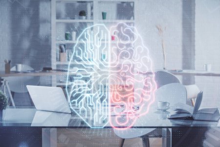 Photo for Multi exposure of brain drawing and office interior background. Concept of data technology. - Royalty Free Image