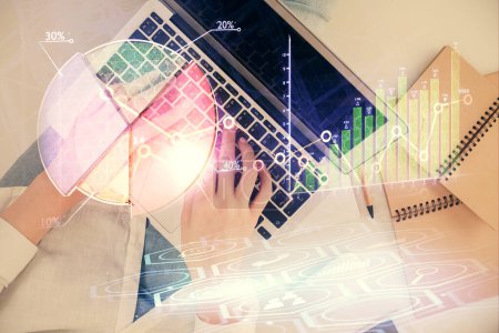Photo for Double exposure of woman hands working on computer and forex graph hologram drawing. Top View. Financial analysis concept. - Royalty Free Image