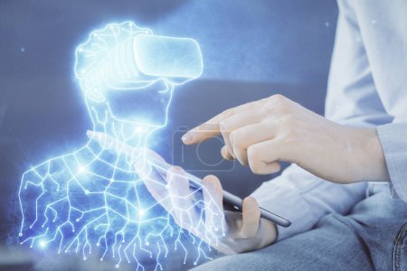 Photo for Double exposure of man's hands holding and using a digital device and AR glasses drawing. Virtual reality concept. - Royalty Free Image