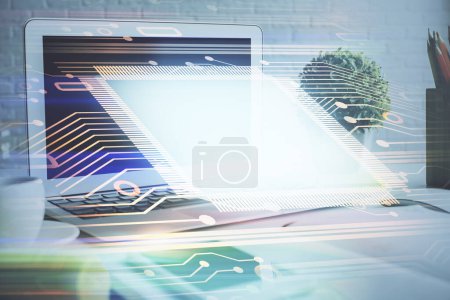 Photo for Multi exposure of desktop with personal computer and tech theme drawing. Concept of Bigdata. - Royalty Free Image