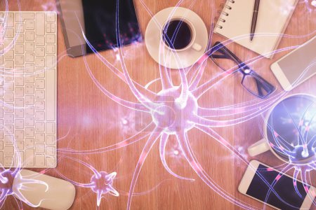 Photo for Double exposure of neuron drawing over table with phone. Top view. Science education concept. - Royalty Free Image