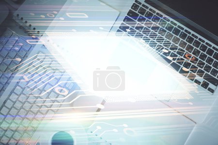 Photo for Multi exposure of data theme drawing hologram over topview work desk background with computer. Concept of technology. - Royalty Free Image