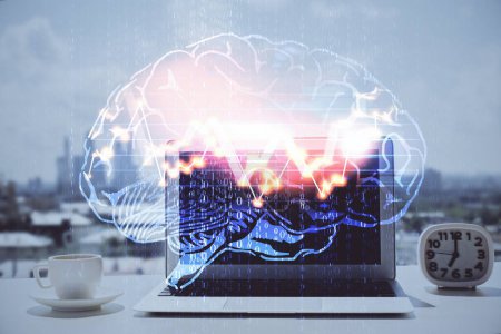 Photo for Double exposure of desktop with computer and brain drawing hologram. Artificial intelligence concept. - Royalty Free Image