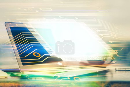 Photo for Double exposure of desktop computer and technology theme hologram. Concept of software development. - Royalty Free Image