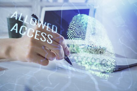 Photo for Blue fingerprint hologram over hands taking notes background. Concept of security. Double exposure - Royalty Free Image