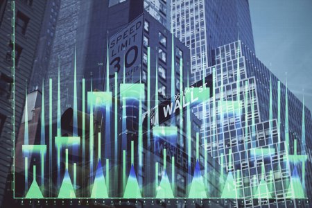 Photo for Forex chart on cityscape with tall buildings background multi exposure. Financial research concept. - Royalty Free Image