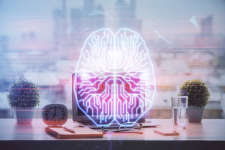 Téléchargez les photos : Double exposition de bureau avec ordinateur et hologramme de dessin du cerveau. Concept d'intelligence artificielle. - en image libre de droit