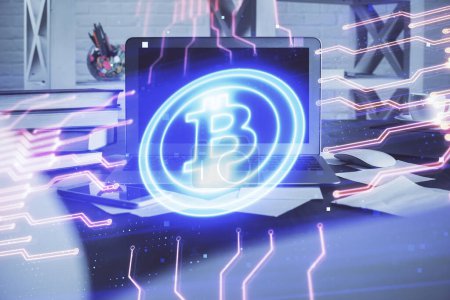 Photo for Multi exposure of blockchain theme hologram and table with computer background. Concept of bitcoin crypto currency. - Royalty Free Image
