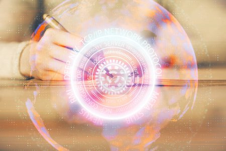 Photo for Technology theme hologram over woman's hands taking notes background. Concept of Tech. Double exposure - Royalty Free Image