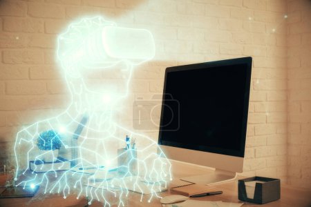 Photo for Double exposure of man in VR glasses drawing and office interior background. Concept of AR. - Royalty Free Image