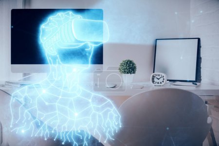 Photo for Double exposure of man in VR glasses drawing and office interior background. Concept of AR. - Royalty Free Image