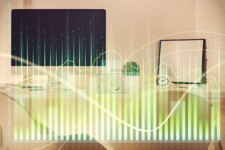 Photo for Multi exposure of stock market chart drawing and office interior background. Concept of financial analysis. - Royalty Free Image