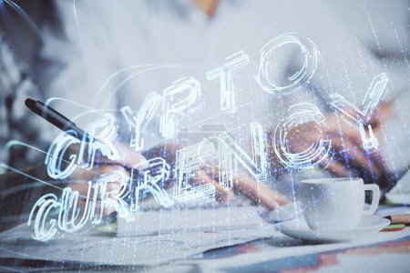 Photo for Double exposure of blockchain theme drawing over people taking notes background. Concept of cryptocurrency - Royalty Free Image