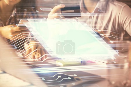 Photo for Double exposure of man and woman on-line shopping holding a credit card and data theme hologram drawing. Ai and E-commerce pay on-line concept. - Royalty Free Image