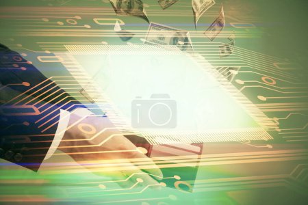 Photo for Multi exposure of technology drawing hologram and us dollars bills and man hands. Data concept - Royalty Free Image