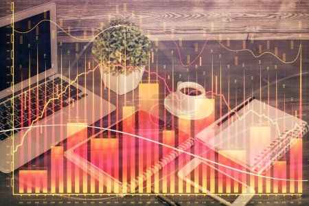 Photo for Double exposure of financial graph drawing and cell phone background. Concept of forex trading - Royalty Free Image