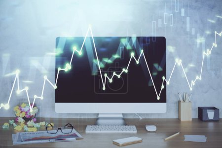 Photo for Forex graph hologram on table with computer background. Double exposure. Concept of financial markets. - Royalty Free Image