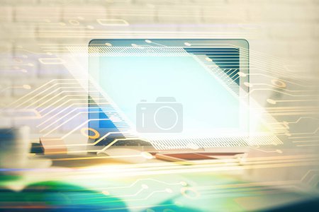Photo for Multi exposure of desktop computer and technology theme hologram. Concept of software development. - Royalty Free Image