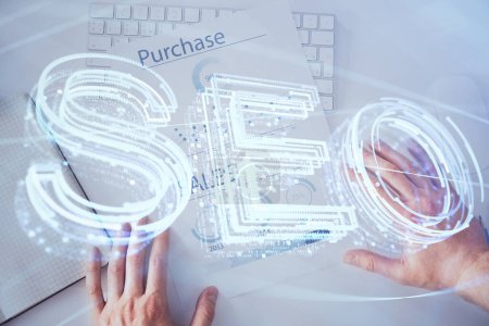 Photo for Man's hands with seo theme double exposure icon. Concept of search optimization. - Royalty Free Image