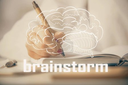 Photo for Start up creative drawing over close up hands in notepad background. Concept of brainstorming. Double exposure - Royalty Free Image