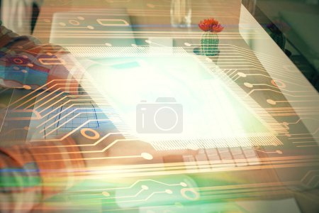 Photo for Businessman with computer background with technology theme hologram. Concept of big data. Double exposure. - Royalty Free Image
