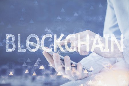 Photo for Double exposure of man's hands holding and using a phone and crypto currency blockchain theme drawing. - Royalty Free Image