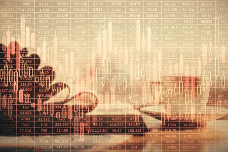 Photo for Double exposure of financial chart drawing and desktop with coffee and items on table background. Concept of forex market trading - Royalty Free Image