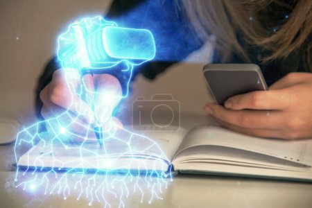 Photo for Double exposure of woman hands typing on computer and man in AR glasses drawing. Education concept. - Royalty Free Image