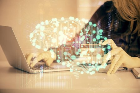 Photo for Double exposure of woman on-line shopping holding a credit card and brain hologram drawing. Data E-commerce concept. - Royalty Free Image