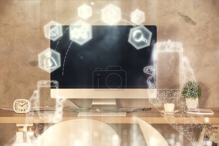 Photo for Double exposure of tech theme drawings and office interior background. Technology concept. - Royalty Free Image