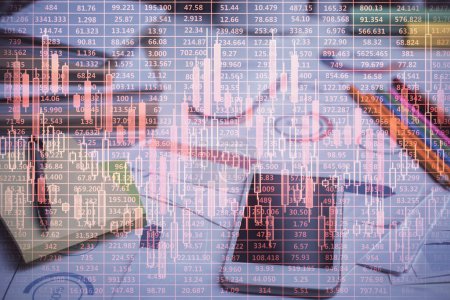 Photo for Double exposure of forex chart drawing and cell phone background. Concept of financial data analysis - Royalty Free Image