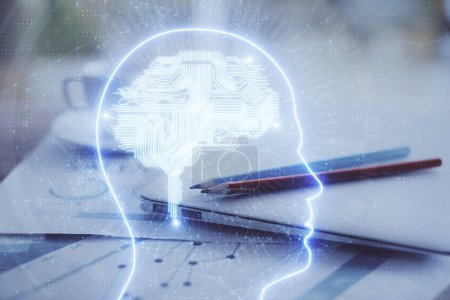 Photo for Double exposure of desktop with computer and brain drawing hologram. Artificial intelligence concept. - Royalty Free Image