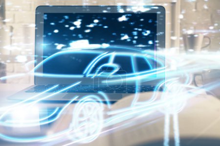 Photo for Desktop computer background in office with automobile hologram drawing. Multi exposure. Tech concept. - Royalty Free Image