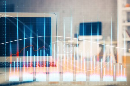 Photo for Stock market graph and table with computer background. Double exposure. Concept of financial analysis. - Royalty Free Image