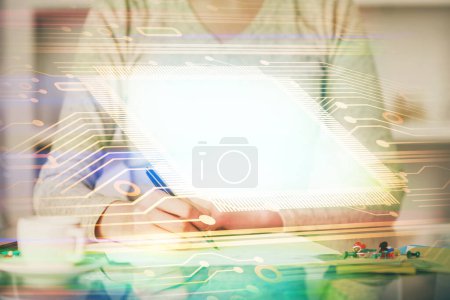 Photo for Double exposure of writing hand on background with data solution technology hologram. Ai concept. - Royalty Free Image