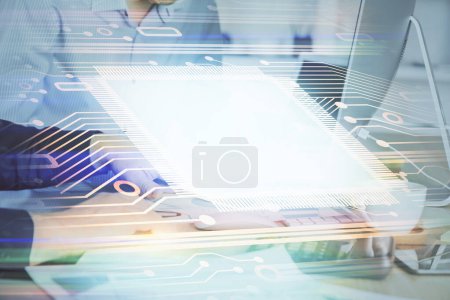 Photo for Double exposure of technology hologram with man working on computer background. Concept of big data. - Royalty Free Image