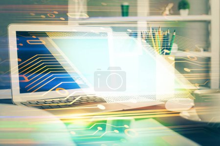 Photo for Double exposure of desktop with computer on background and tech theme drawing. Concept of big data. - Royalty Free Image
