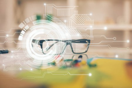 Photo for Data tech hologram with glasses on the table background. Concept of technology. Double exposure. - Royalty Free Image