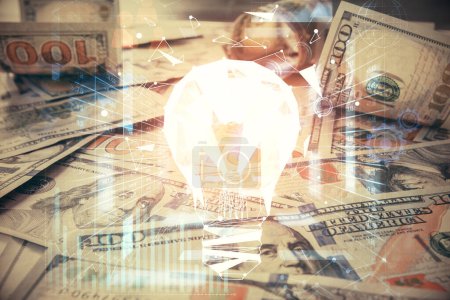 Photo for Double exposure of light bulb drawing over usa dollars bill background. Concept of idea. - Royalty Free Image
