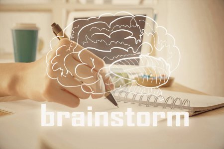 Photo for Start up creative drawing over close up hands on background. Concept of brainstorming. Multi exposure - Royalty Free Image